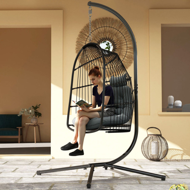 Outsunny Grey Rattan Indoor Outdoor Egg Chair with Installation Kit - Size: 105 x 68 x 74cm - Wilko - image 1