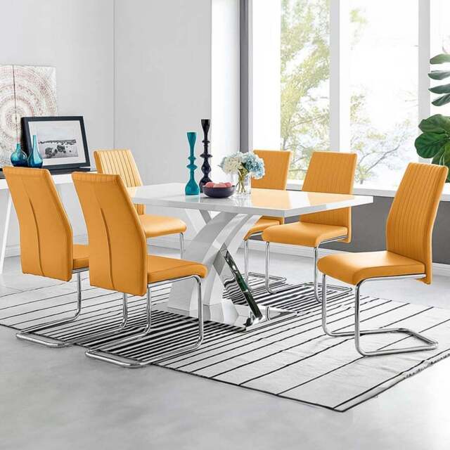Furniturebox Columbia Fontana 6 Seater Dining Set White Gloss Mustard Yellow and Chrome - Wilko - image 1