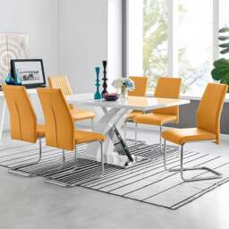 Furniturebox Columbia Fontana 6 Seater Dining Set White Gloss Mustard Yellow and Chrome - Wilko - thumbnail 1