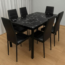 Portland 6 Seater Faux Leather Marble Effect Tabletop Dining Set Black - Wilko