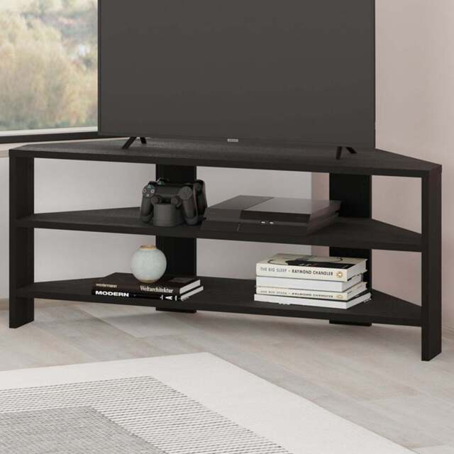 Decortie Thales 2 Shelf Black Wood Modern Corner TV Unit - Size: 45 x 110 x 36cm - Wilko