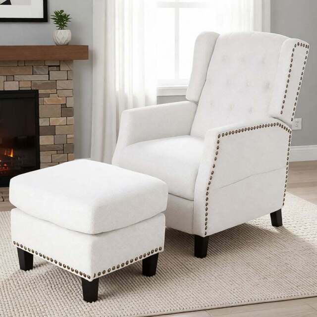 Living and Home White Chenille Pushback Recliner Chair with Footstool - Size: 102 x 62 x 153cm - Wilko - image 1