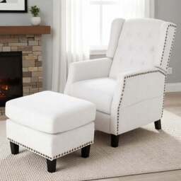Living and Home White Chenille Pushback Recliner Chair with Footstool - Size: 102 x 62 x 153cm - Wilko - thumbnail 1