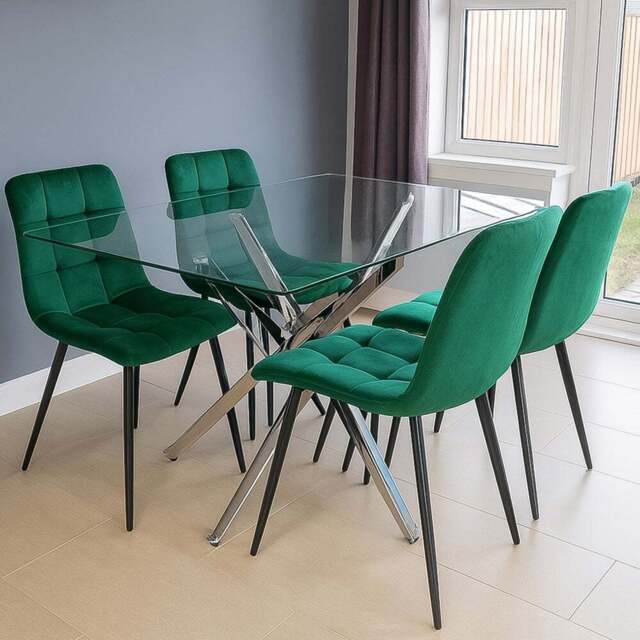 Kosy Koala 4 Seater Glass Rectangle Dining Set Green Velvet - Multi - Wilko - image 1