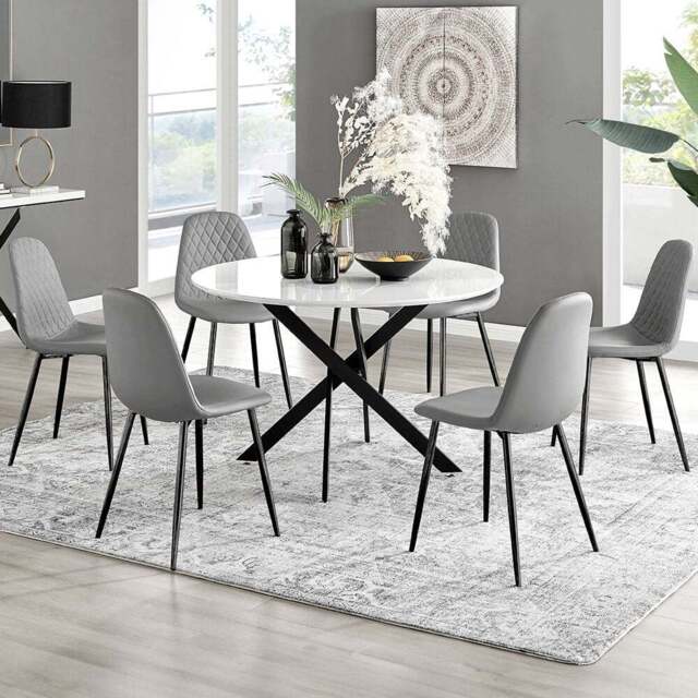 Furniturebox Arona Solara 6 Seater Round Dining Set White Gloss Black and Grey - Wilko - image 1