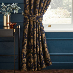 Paoletti Shiraz Navy Floral Jacquard Pencil Pleat Curtain 168 x 183cm - Size: W 183 x D 168cm - Blue - Wilko - thumbnail 4