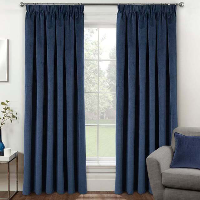 Enhanced Living Oxford Navy Thermal Blackout Pencil Pleat Velvet Curtains 117 x 183cm - Blue - Wilko - image 1