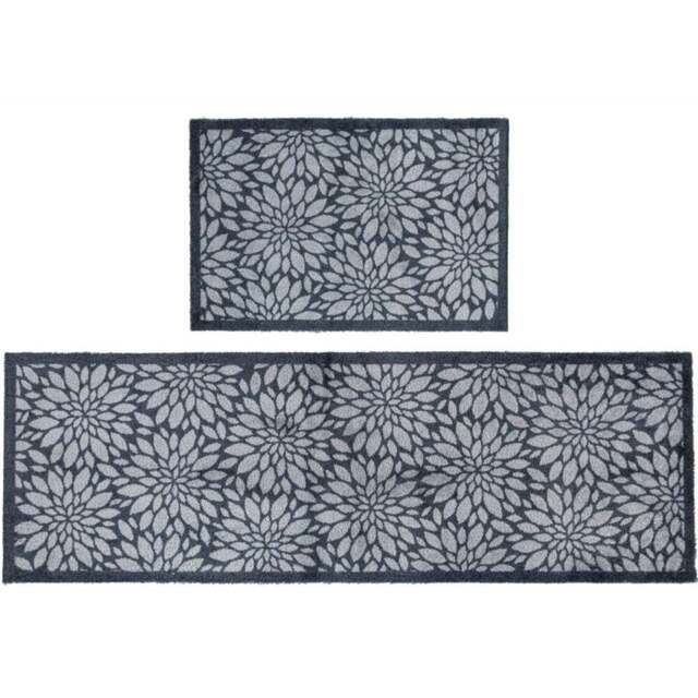 JVL Mega Grey Flowers Latex Backed Door Mat and Runner Set - Size: 150 x 57 x 4cm - Blue - Wilko - image 1