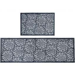 JVL Mega Grey Flowers Latex Backed Door Mat and Runner Set - Size: 150 x 57 x 4cm - Blue - Wilko - thumbnail 1