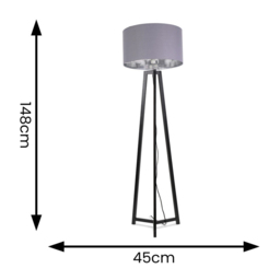 ValueLights Lottie Grey and Chrome Drum Shade Black Wood Tripod LED Floor Lamp - Size: 148 x 45 x 45cm - Wilko - thumbnail 5