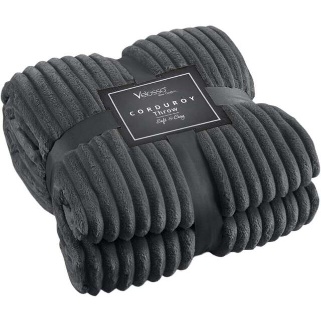 Velosso Charcoal Plain Corduroy Throw 127 x 152cm - Size: 127 x 152 x 1cm - Wilko - image 1