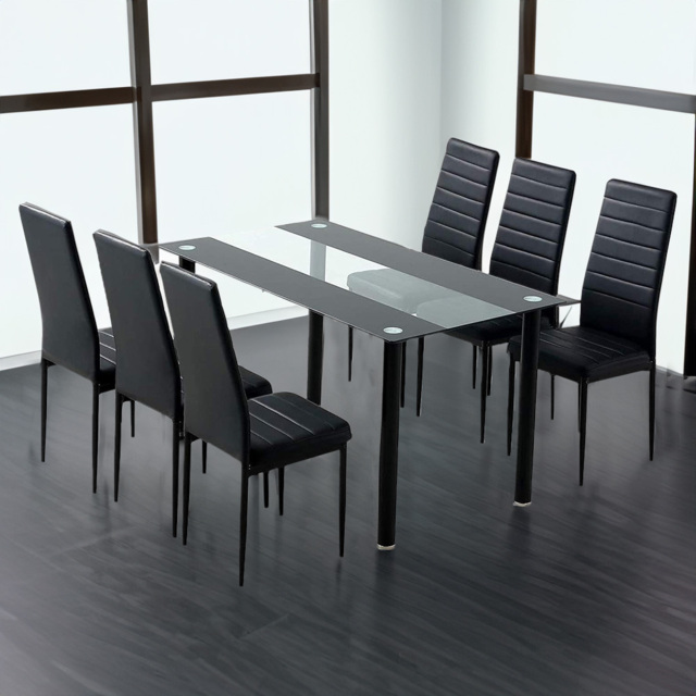 Kosy Koala 6 Seater Glass and Faux Leather Striped Design Dining Set Black - Portland - Wilko - image 1