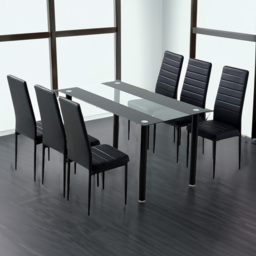 Kosy Koala 6 Seater Glass and Faux Leather Striped Design Dining Set Black - Portland - Wilko