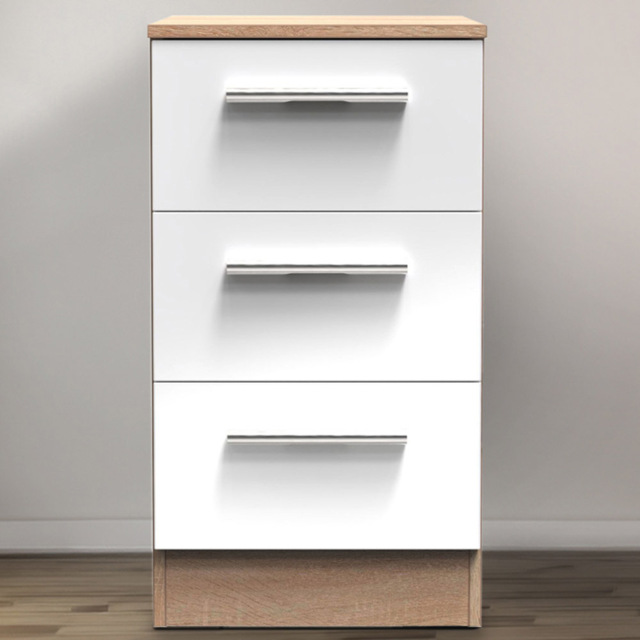 Crowndale Contrast 3 Drawer White and Bardolino Oak Bedside Cabinet Ready Assembled - Wilko - image 1