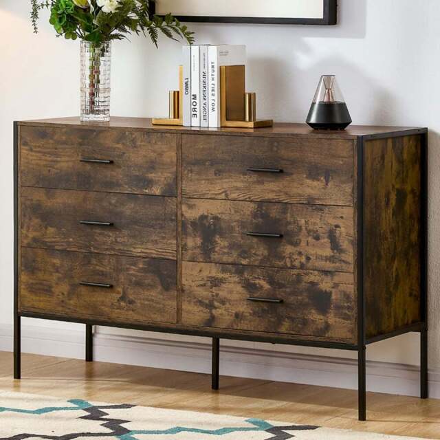 Vida Designs Brooklyn 6 Drawer Dark Wood Rustic Metal Frame Chest of Drawers - Brown - Wilko - image 1