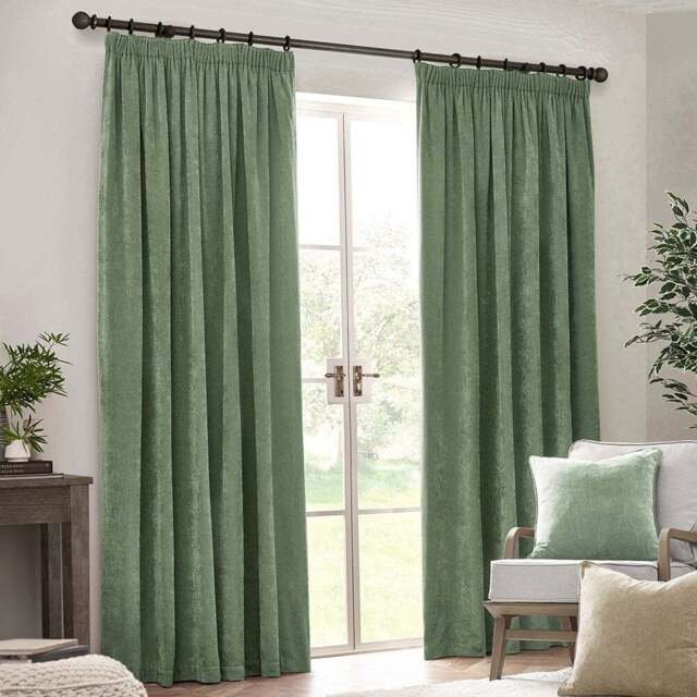 Yard Green Heavy Chenille Velvet Pencil Pleat Curtains 117 x 183cm - Size: 183 x 117 x 1cm - Wilko - image 1