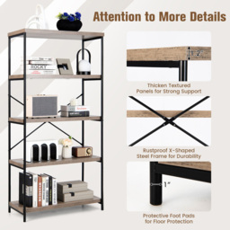 Costway 4 Shelf Grey Wooden Bookshelf - Size: 5 Shelf - Wilko - thumbnail 6