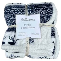 Bellissimo Nordic Navy Sherpa Fleece Throw 130 x 180cm - Size: 180 x 130cm - Blue - Wilko