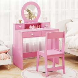 Costway 4 Drawer Single Shelf Pink Kids Vanity Set - Size: 70 x 40 x 110cm - Wilko
