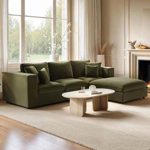 SOLACE+CO Asher 4 Seater Khaki Green Velvet Sofa with Footstool - Wilko - image 1