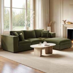 SOLACE+CO Asher 4 Seater Khaki Green Velvet Sofa with Footstool - Wilko - thumbnail 1