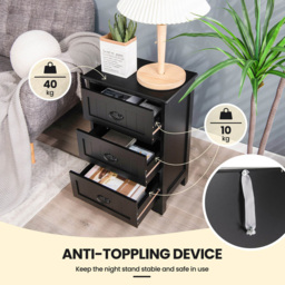 Costway 3 Drawer Black Vintage Bedside Table - Wilko - thumbnail 7