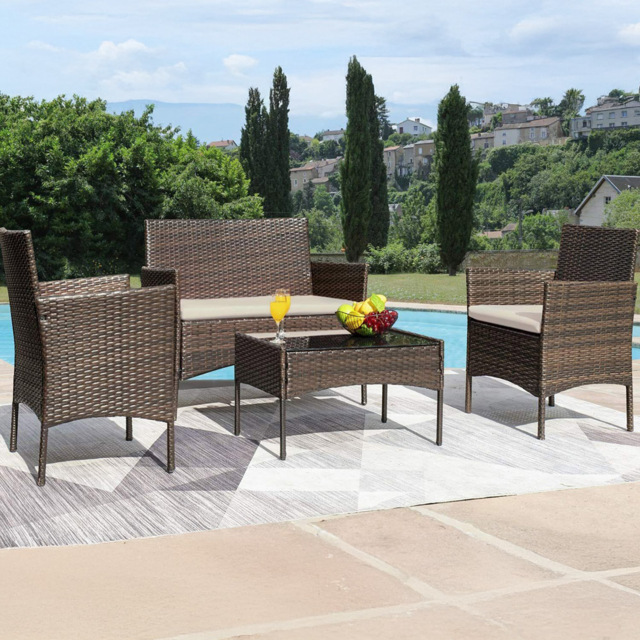 Roger 4 Seater Brown Rattan Outdoor Sofa Set with Table and Seat Cushions - MCC - Wilko - image 1