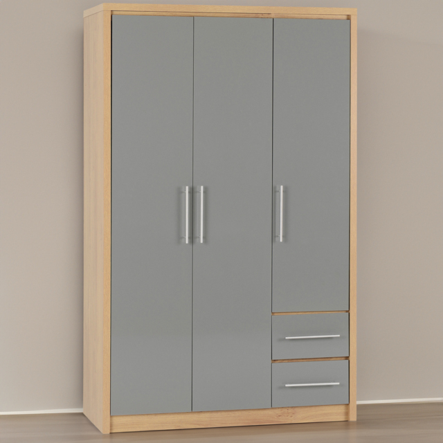 Seconique Seville 3 Door 2 Drawer Grey Gloss Light Oak Effect Veneer Wardrobe - Size: 3 Door, 2 Drawer - Wilko - image 1