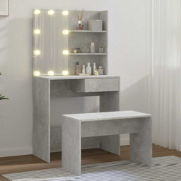 vidaXL Concrete Grey LED Mirror Dressing Table and Stool Set - Size: 141 x 74.5 x 40cm - Wilko