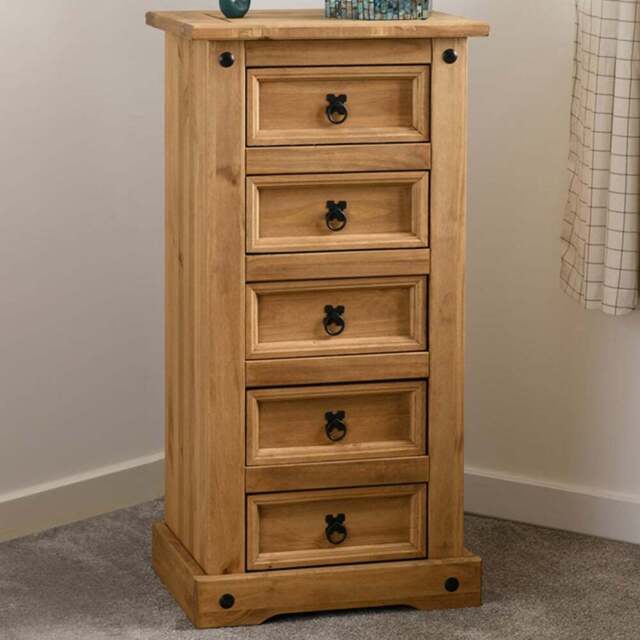 Seconique Corona 5 Drawer Distressed Waxed Pine Narrow Chest of Drawers - Brown - Wilko - image 1