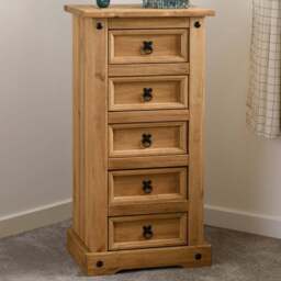 Seconique Corona 5 Drawer Distressed Waxed Pine Narrow Chest of Drawers - Brown - Wilko - thumbnail 1