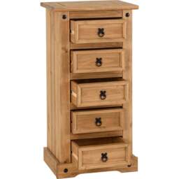 Seconique Corona 5 Drawer Distressed Waxed Pine Narrow Chest of Drawers - Brown - Wilko - thumbnail 5