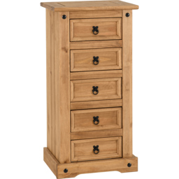 Seconique Corona 5 Drawer Distressed Waxed Pine Narrow Chest of Drawers - Brown - Wilko - thumbnail 3