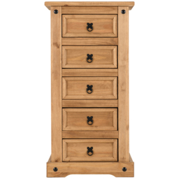 Seconique Corona 5 Drawer Distressed Waxed Pine Narrow Chest of Drawers - Brown - Wilko - thumbnail 4