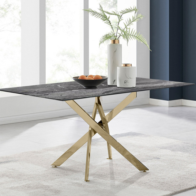 Furniturebox Tavalo 6 Seater Glass Dining Table Marble Effect and Gold - Grey - Wilko - image 1