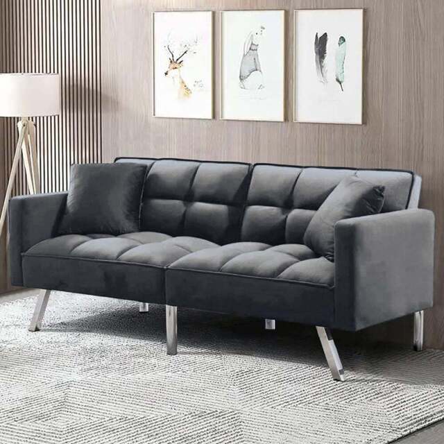 Portland 2 Seater Grey Velvet Sofa Bed with Pillows - Wilko - image 1