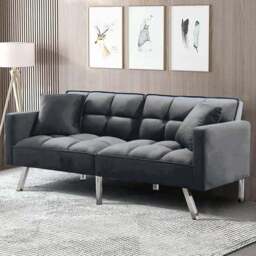 Portland 2 Seater Grey Velvet Sofa Bed with Pillows - Wilko