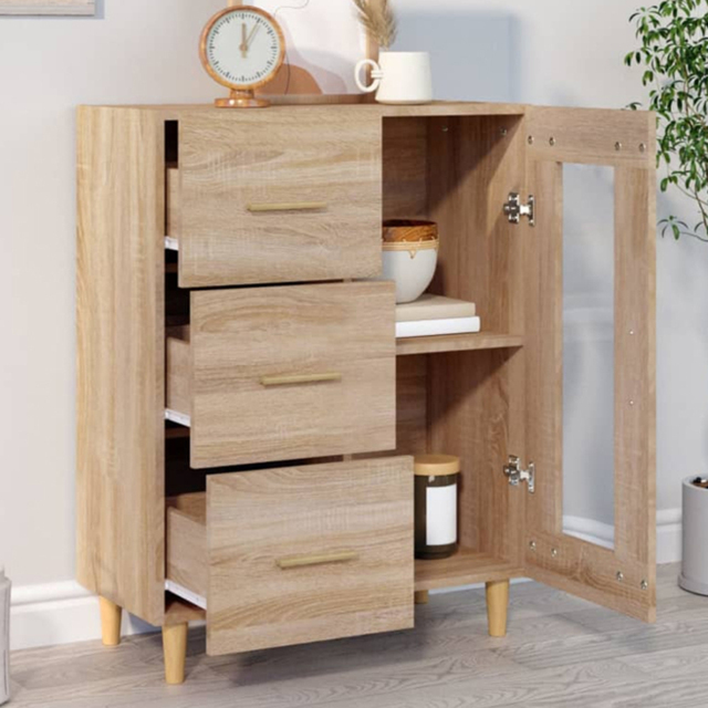 vidaXL Single Glass Door 3 Drawer Sonoma Oak Sideboard - Size: 90 x 69.5 x 34cm - Brown - Wilko - image 1