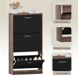 Vida Designs Walnut and Black 3 Drawer Shoe Cabinet - Size: H 118cm x W 60cm x D 24cm - Multi - Wilko - thumbnail 6