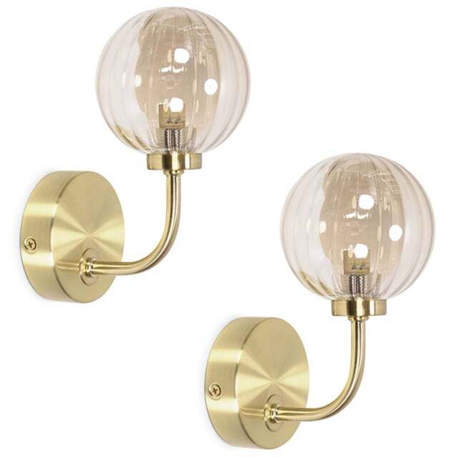 ValueLights Chessy 2 Pack Ribbed Globe Shade Gold Stem LED Wall Light - Size: 20 x 14 x 10cm - Wilko - image 1