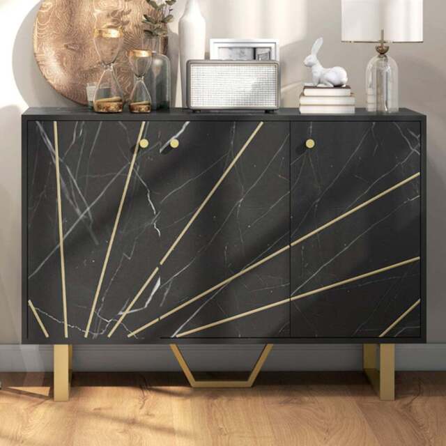 Portland 3 Door Black and Gold Tone Marble Texture Sideboard - Size: 18.5 x 43 x 122cm - Wilko - image 1