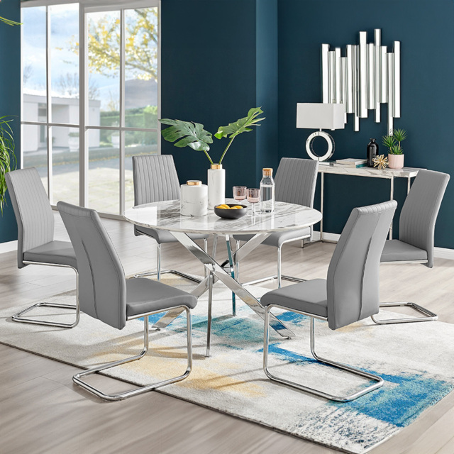 Furniturebox Arona Fortana Marble Effect 6 Seater Round Dining Set White Chrome and Grey - Wilko - image 1