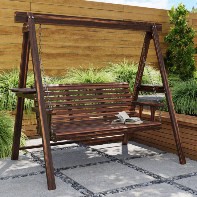 Outsunny 3 Seater Wooden Garden Swing Chair with Side Tables - Brown - Wilko - image 1