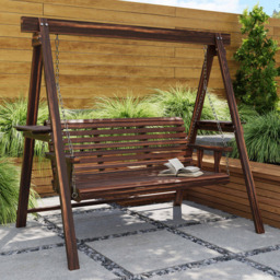 Outsunny 3 Seater Wooden Garden Swing Chair with Side Tables - Brown - Wilko