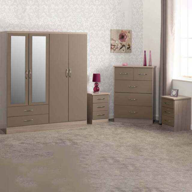 Seconique Nevada Oyster and Light Oak Effect 4 Piece Bedroom Furniture Set - Size: 4 Door - Brown - Wilko - image 1