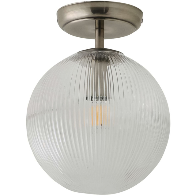 ValueLights Kempton Brushed Chrome Ribbed Globe Shade Flush Ceiling Light with Bulb - Size: 26 x 20 x 20cm - Wilko - image 1