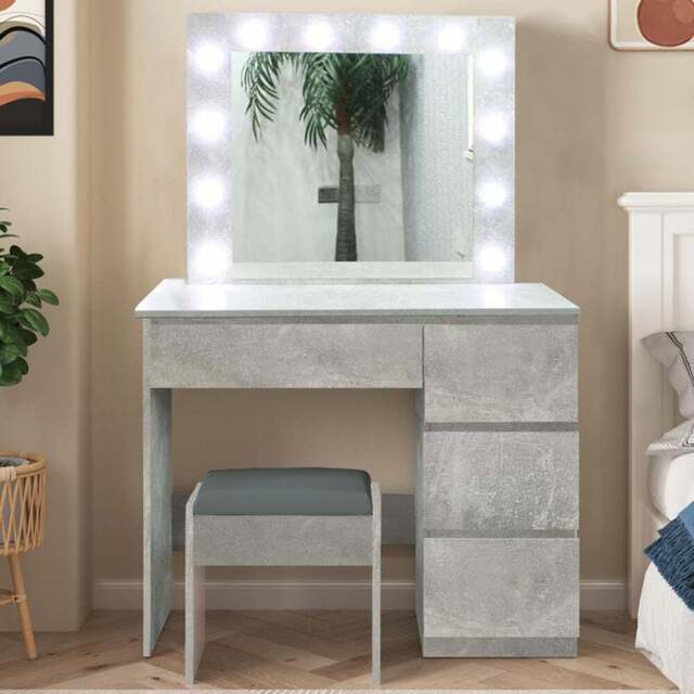 Portland 4 Drawer Stone Grey Dressing Table Set with LED Mirror - Size: 42 x 94 x 140cm - Wilko
