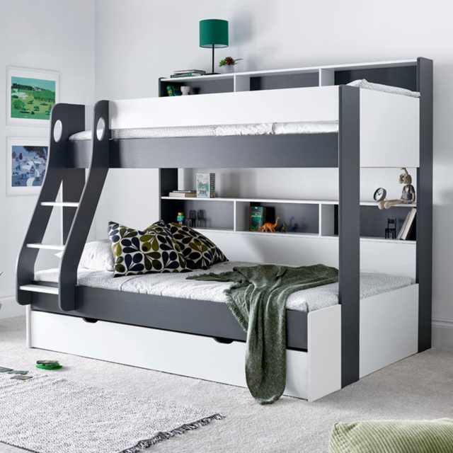 Bedmaster Oliver Triple Sleeper Grey and White Storage Bunk Bed with Spring Mattresses - Size: Single + Small Double - Wilko - image 1