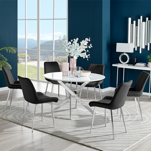 Furniturebox Arona Cesano 6 Seater Round Dining Set White Gloss Chrome and Black - Wilko - image 1