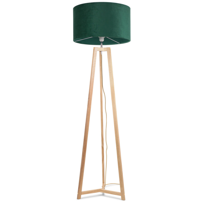 ValueLights Lottie Forest Green Velvet Drum Shade Natural Wood Tripod LED Floor Lamp - Size: 148 x 45 x 45cm - Cream - Wilko - image 1